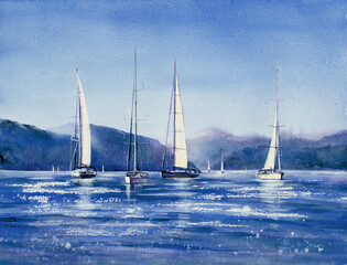 Summer landscape, sea, sailboats and mountains in background. The picture was painted by hand with watercolors.  - 751816932