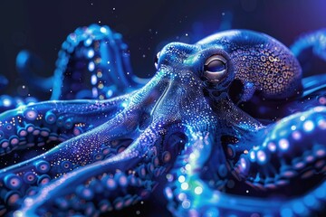 A surreal blue octopus with a galaxy-like skin texture under the sea