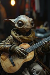 An extraterrestrial creature strums a guitar in an otherworldly musical performance
