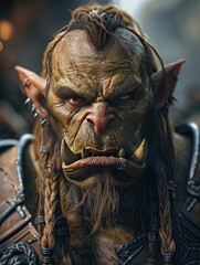 Detailed portrait of a fantasy orc warrior with piercing eyes and tribal braids