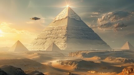 Futuristic pyramids under a golden sky with alien spaceships hovering above a desert - obrazy, fototapety, plakaty