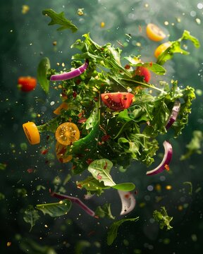 Salad ingredients suspended in air