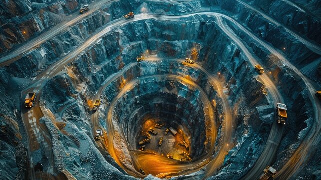 Aerial view of a vast, spiraling open-pit mine with heavy machinery