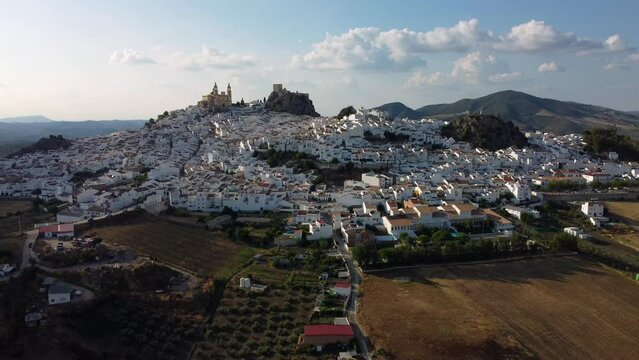 Aerial view of Olvera, one of the famous white villages in the province of Cadiz in Spain.