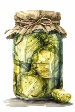 Watercolor illustration of fermented cabbage in a glass jar with rustic charm