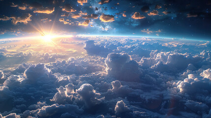 sky background with clouds ,  neon Light on clouds with grey blue sky
