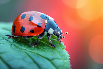 A vibrant ladybug on a green leaf with a soft, colorful background. - obrazy, fototapety, plakaty
