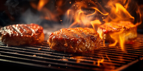 A patty being grilled with open fire closeup