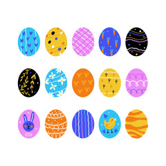 Set of hand drawn easter eggs on white background. Vector illustration. Flat design in bold and bright colors.