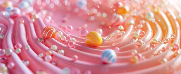 Whipped cream peaks and sprinkles in a pastel candy dream with a bokeh sparkle background.