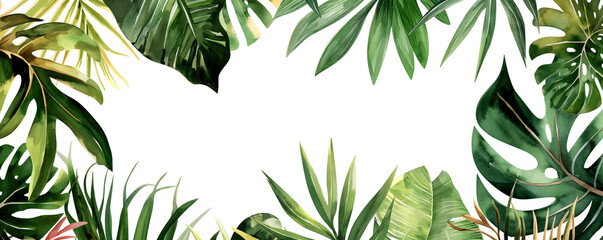 Watercolor painting of lush tropical leaves forming a border frame, with a white background for copy space