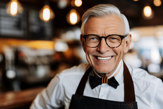 A cheerful senior man with glasses, wearing an apron and bow tie, smiles warmly in a cafe setting.
