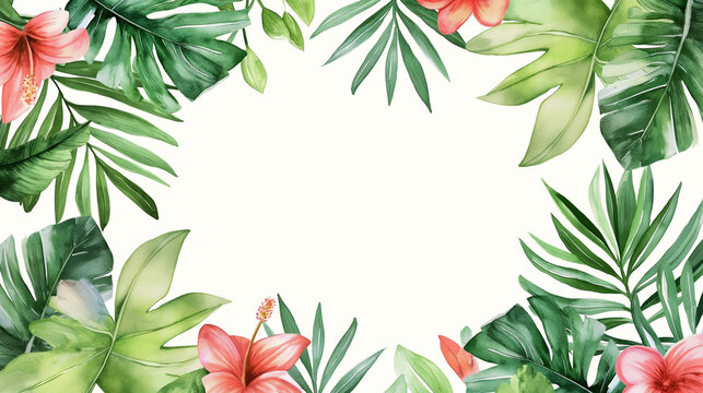 Elegant watercolor frame featuring tropical hibiscus flowers and palm leaves with ample copy space on a white background