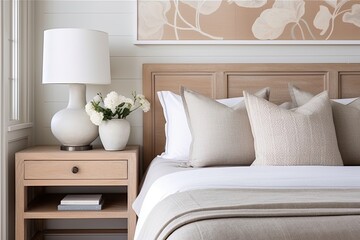 Fototapeta na wymiar Serene Linens and Wooden Headboard: Warm Coastal Bedroom with Neutral Color Schemes