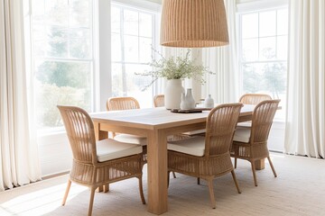 Coastal Dining Room Elegance: Warm Neutral Tones and Rattan Chairs mingling with White Curtains