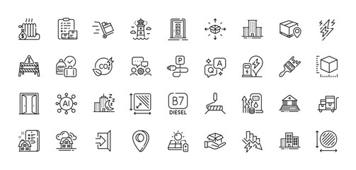 Property agency, Saving electricity and Co2 gas line icons pack. AI, Question and Answer, Map pin icons. Night city, Circle area, Parcel tracking web icon. Vector