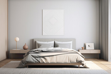 Fototapeta na wymiar A contemporary bedroom with an empty frame, adding a touch of color against a wall adorned with minimalist, geometric designs.