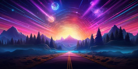 Tuinposter Vibrant digital landscape featuring a neon-lit road under a tremendous full moon and surreal sky © Svitlana