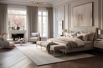 Chic Glam Bedroom: Luxurious Rugs and Elegant Furniture in Warm Neutrals