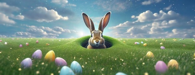 A whimsical rabbit peeks from a burrow amidst a field of Easter eggs. Hidden amongst green grass the creature appears as a gentle sentinel of spring's delight.