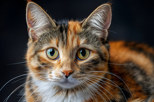 A close-up of a colorful cat with mesmerizing green eyes against a dark background.
