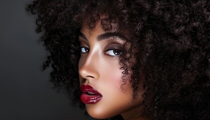Young Woman with Bold Curly Hair and Red Lips