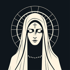 Vector illustration of The Mary Our Lady Virgin Mary Mother of Jesus, Holy Mary, madonna, the cross, on black background, printable, suitable for logo, sign, tattoo, laser cutting, sticker