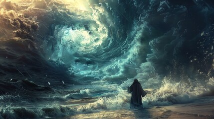 Dynamic visualization of Jesus Christ stilling the storm, showcasing His authority over nature and His role as a protector. - obrazy, fototapety, plakaty
