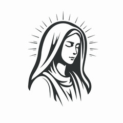Vector illustration of The Mary Our Lady Virgin Mary Mother of Jesus, Holy Mary, madonna, black on white background, printable, suitable for logo, sign, tattoo, laser cutting, sticker