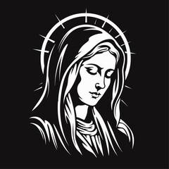 Vector illustration of The Mary Our Lady Virgin Mary Mother of Jesus, Holy Mary, madonna, on black background, printable, suitable for logo, sign, tattoo, laser cutting, sticker