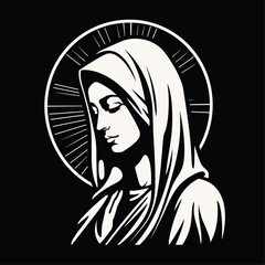 Vector illustration of The Mary Our Lady Virgin Mary Mother of Jesus, Holy Mary, madonna, on black background, printable, suitable for logo, sign, tattoo, laser cutting, sticker