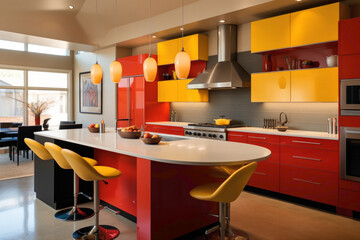 A contemporary kitchen featuring a minimalist design with a burst of vibrant colors such as fiery reds and sunny yellows in its accents.