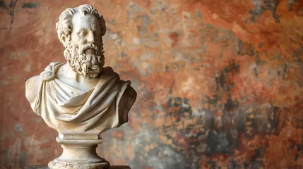 Fotobehang Classic marble bust of a philosopher on warm textured backdrop. perfect for history and art themes. timeless elegance captured in stone. AI © Irina Ukrainets