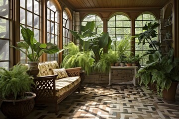 Wave-Patterned Tiles & Rustic Stone Fountains: Sunroom Oasis with Lush Fern Displays