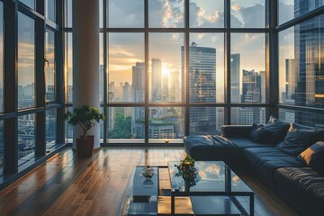 This captivating image shows a sunrise over the city skyline viewed from the comfort of a modern apartment with large windows