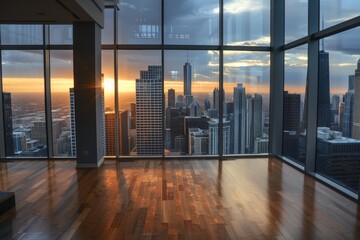 Empty, open interior space provides a dramatic sunset view over an urban skyline, showcasing both beauty and potential