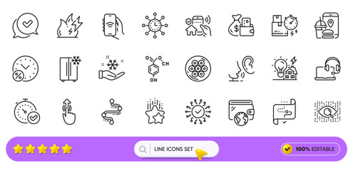 Timeline, Whisper and Building energy line icons for web app. Pack of Food app, Chemical formula, Approved pictogram icons. Wallet, Refrigerator, Swipe up signs. Fast verification . Search bar. Vector