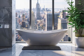 High-end apartment bathroom featuring a freestanding bathtub and a majestic city backdrop through large windows, offering luxury and iconic urban views