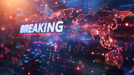 Fototapeta premium Breaking news broadcast vector futuristic background with world map. News broadcast and 