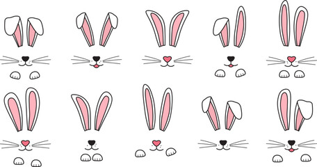 Easter rabbit ears, bunny face, paw, whisker. Cute doodle hare icon, cartoon character set isolated on white background. Animal funny vector illustration