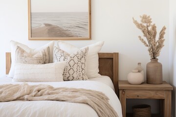 Coastal Bedroom Tranquility: Wooden and Clay Decor Items, Serene Linens, Wooden Bed Frame