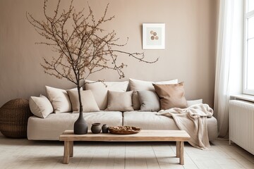 Fototapeta na wymiar Wooden and Clay Decor Items | Rustic Scandinavian Living Room with Beige Sofa and Twig Centerpieces