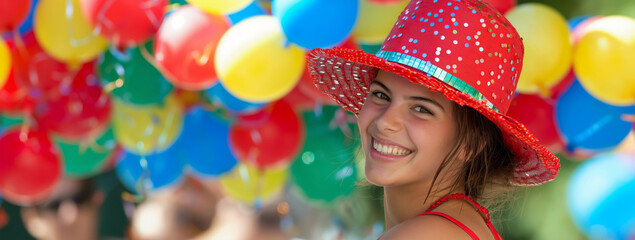 Obraz na płótnie Canvas A joyful young woman wearing a red polka dot hat, smiling brightly with colorful balloons in the background.