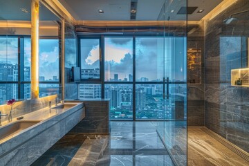 A chic bathroom space with a panoramic view of the city as twilight sets in, showcased through vast windows