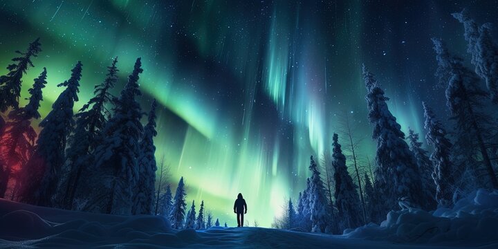 Singular figure stands before a stunning display of the aurora borealis in a snowy forest - Powered by Adobe
