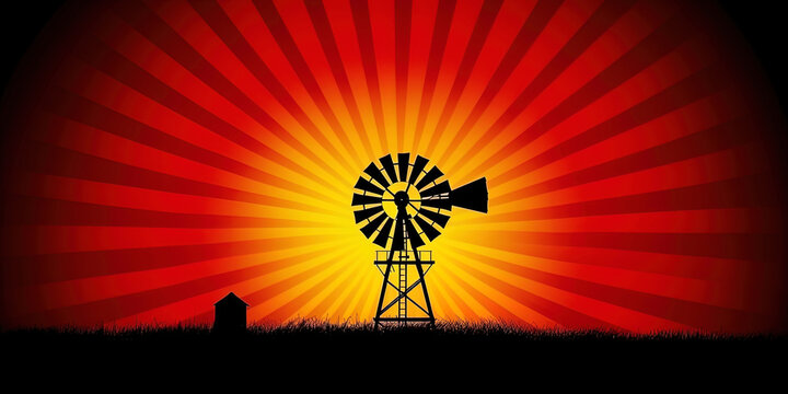 The rural windmill standing on the horizon among the fields, its blades spin in the wind, creat