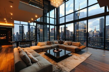 A lavish modern living room boasting comfortable seating with panoramic windows showcasing a stunning city skyline - obrazy, fototapety, plakaty