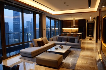 A stylish apartment living area gleaming with city light reflections through the large windows offering an intimate urban feel