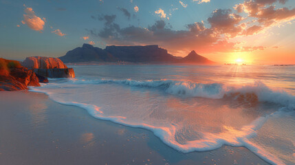 Naklejka premium Sunset panorama HDR of a beach near cape town, south africa. Table mountain can be seen in the distance. Very large file perfect for backgrounds or billboards.