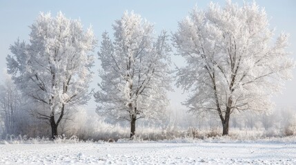 Frost covered trees in a winter wonderland background